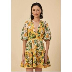 NEW FARM Rio Biriba Mix Mini Dress Tropical Crochet Laches Tiered Yellow Size S